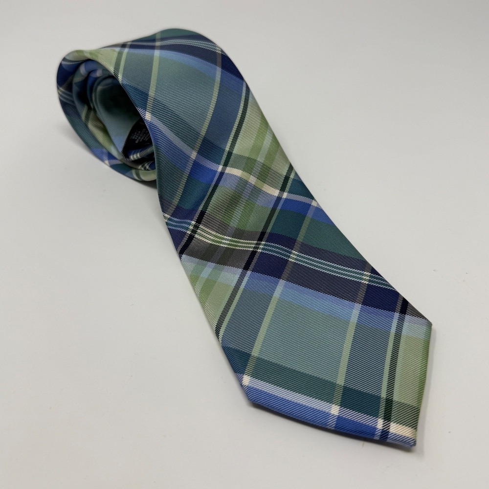 Stafford Mens Blue Green Plaid Silk Necktie Classic Standard Width Tie Spring